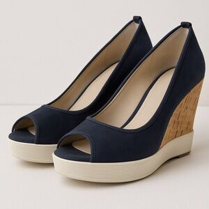 Donald J Pliner Navy Suede Cork Wedge Peep Toe Heels 6.5